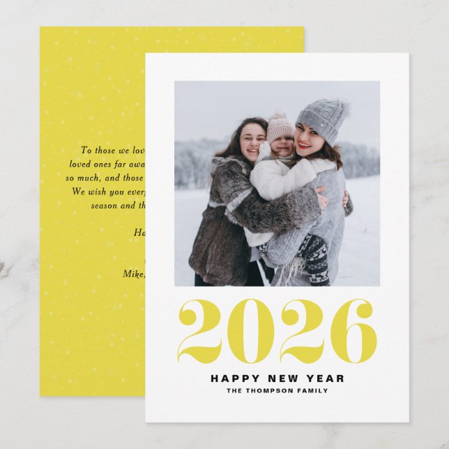 Modern Yellow Typography 2022 Happy New Year Photo Holiday Card (Front/Back)