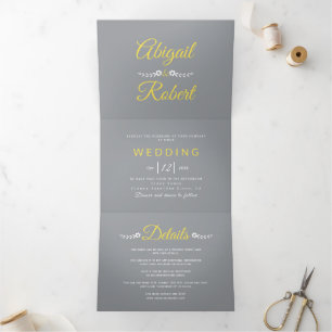 Modern yellow typography, grey photo wedding Tri-Fold invitation