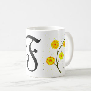 Modern yellow watercolor floral monogram name coffee mug