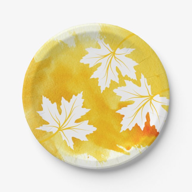 Modern yellow watercolor splash and maple leaves paper plate (Front)