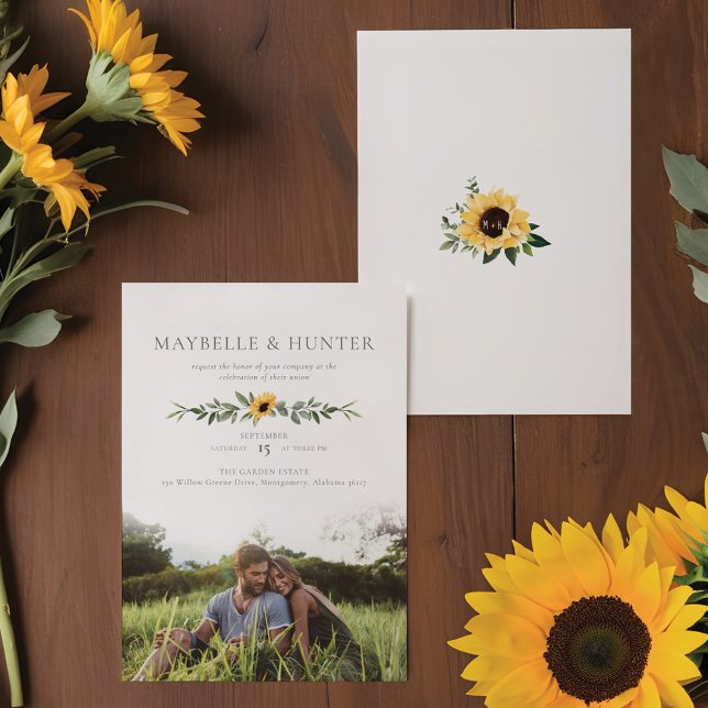 Modern Yellow Watercolor Sunflowers Photo Wedding Invitation (Modern Yellow Watercolor Sunflowers Photo Wedding Invitation)