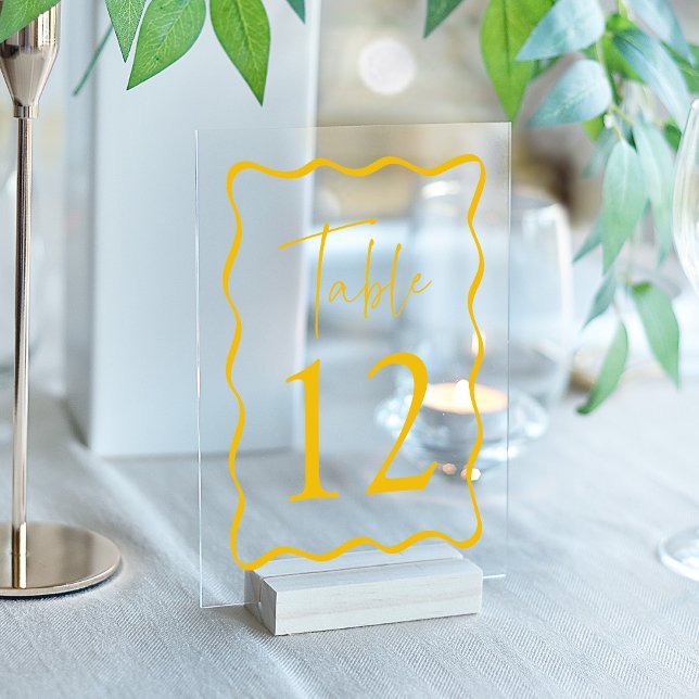 Modern Yellow Wavy Frame Acrylic Table Numbers (Please note: this table card does not come with a stand.)