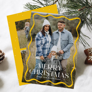 Modern Yellow Wavy Frame Merry Christmas 3 Photo Holiday Card
