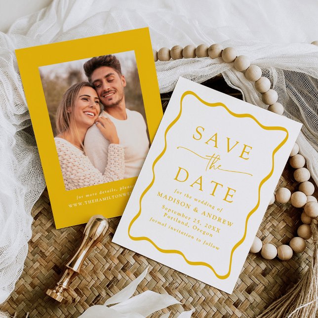 Modern Yellow Wavy Frame Photo Wedding Save The Date (Creator Uploaded)