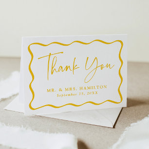 Modern Yellow Wavy Frame Photo Wedding Thank You Card
