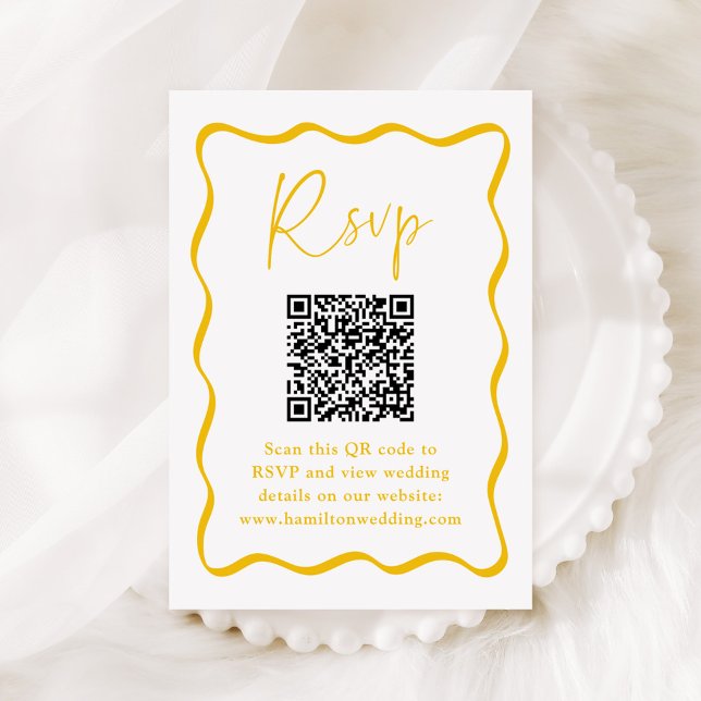 Modern Yellow Wavy Frame QR Code Wedding RSVP Enclosure Card (Creator Uploaded)