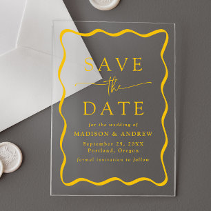 Modern Yellow Wavy Frame Wedding Save the Date Acrylic Invitations