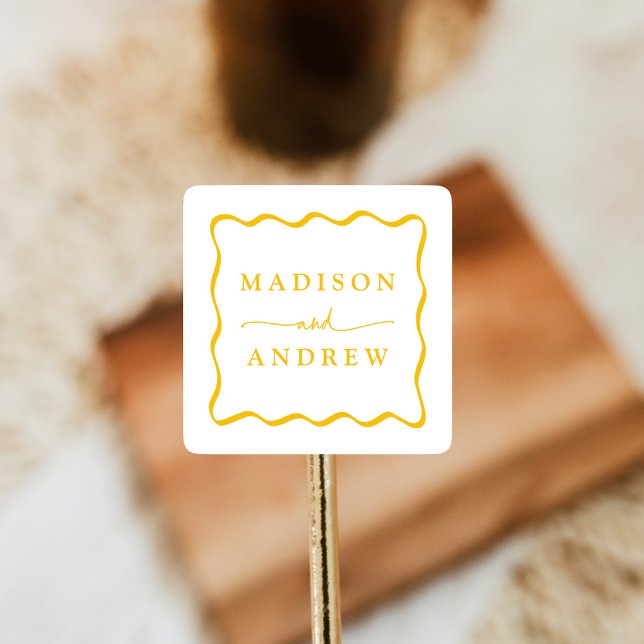 Modern Yellow Wavy Frame Wedding Square Sticker (Creator Uploaded)