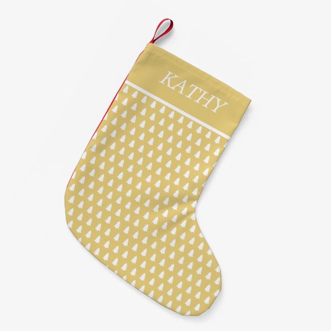 Modern Yellow White Christmas Tree Pattern Name Small Christmas Stocking (Front (Hanging))