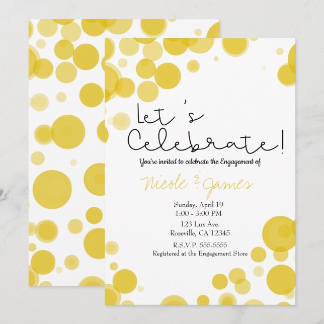 Modern Yellow White Polka Dot Bubbles Celebrate Invitation (Front/Back)