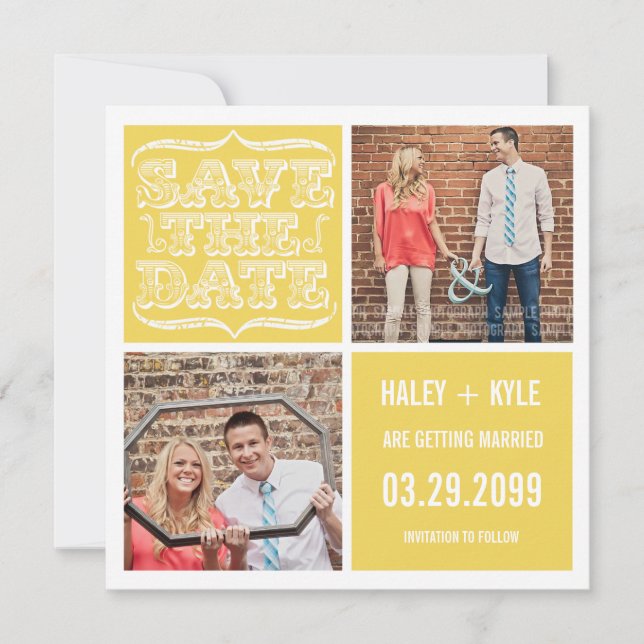 Modern Yellow & White Save the Date Photo Cards (Front)