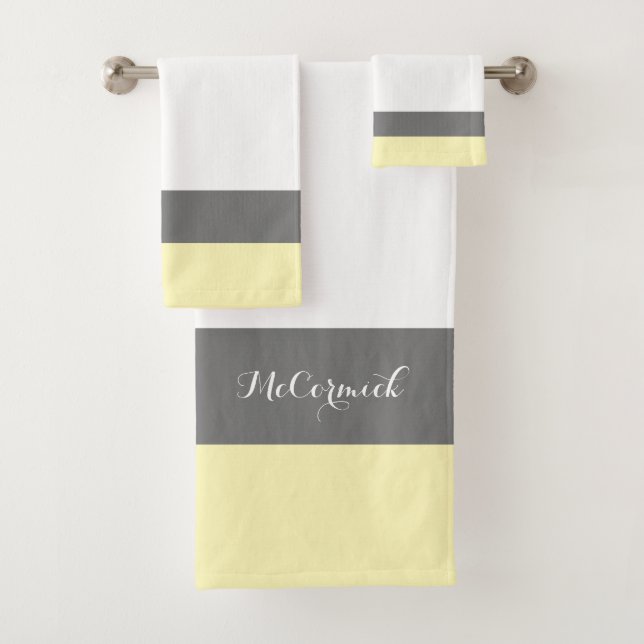 Modern Yellow White Script Monogram Name  Bath Towel Set (Insitu)