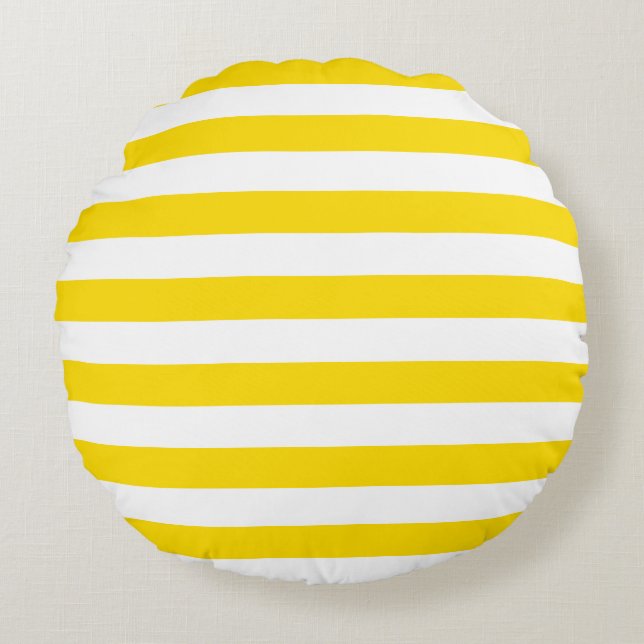 Modern Yellow White Striped Brushed Polyester Round Cushion (Front)