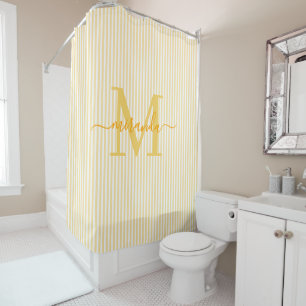 Modern Yellow & White Stripes Monogram Name Shower Curtain