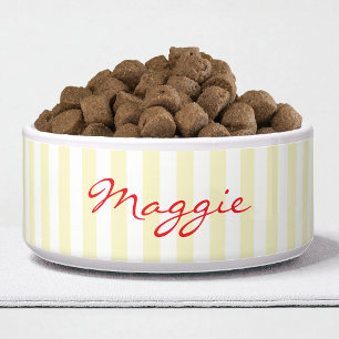 Modern Yellow White Stripes Simple Script Dog Name Bowl