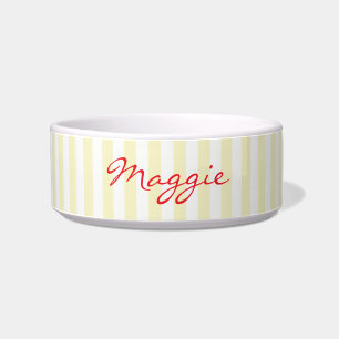 Modern Yellow White Stripes Simple Script Dog Name Bowl