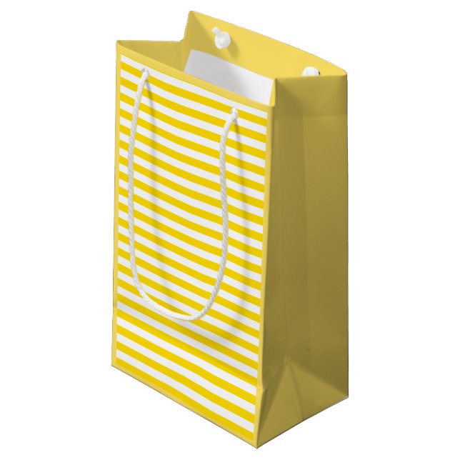 Modern Yellow White Stripes Template Elegant Small Gift Bag (Front Angled)