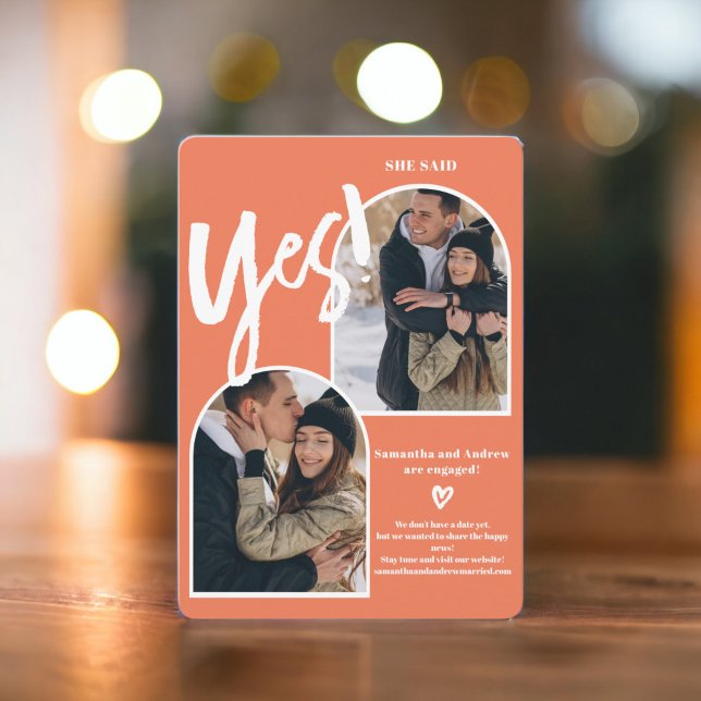 Modern yes 2 photos arch coral orange engagement announcement (Modern yes 2 photos arch coral orange engagement announcement)
