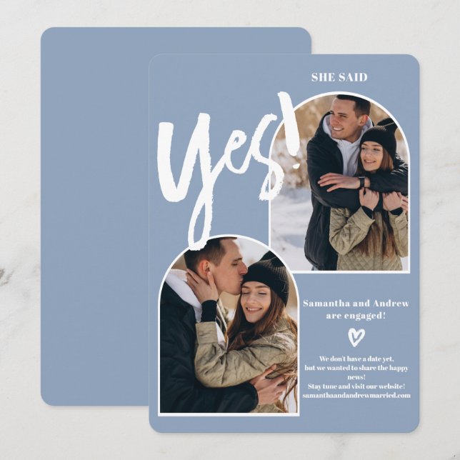 Modern yes 2 photos arch periwinkle engagement announcement (Front/Back)