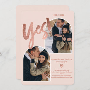 Modern yes 2 photos arch rose gold pink engagement announcement