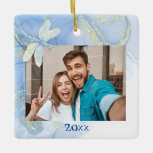 Modern yet Elegant Blue Gold Swirl Dragonfly Ceramic Ornament