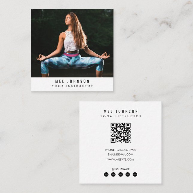 Modern Yoga Fitness Instructor QR Code Square Business Card (Front/Back)