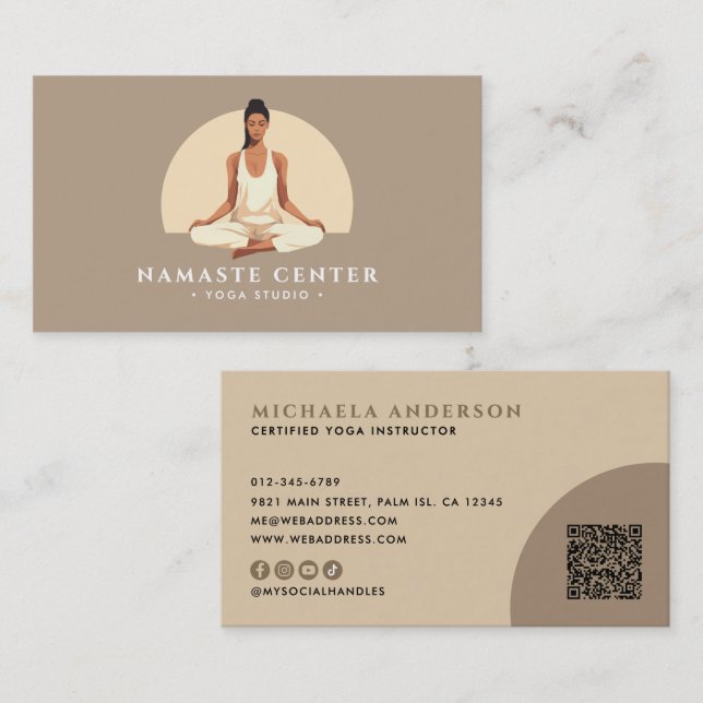 Modern Yoga/Wellness Lotus Pose Socials QR Code Business Card (Front/Back)
