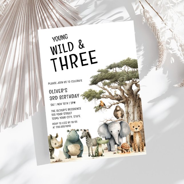 Modern Young Wild and Three Safari 3rd Birthday Invitation (Creator Uploaded)