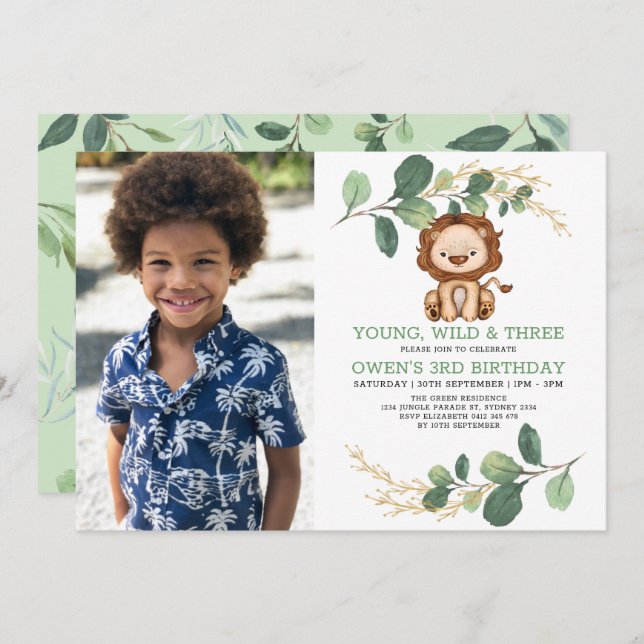 Modern Young Wild & Three Lion 3rd Birthday Boy Invitation (Front/Back)