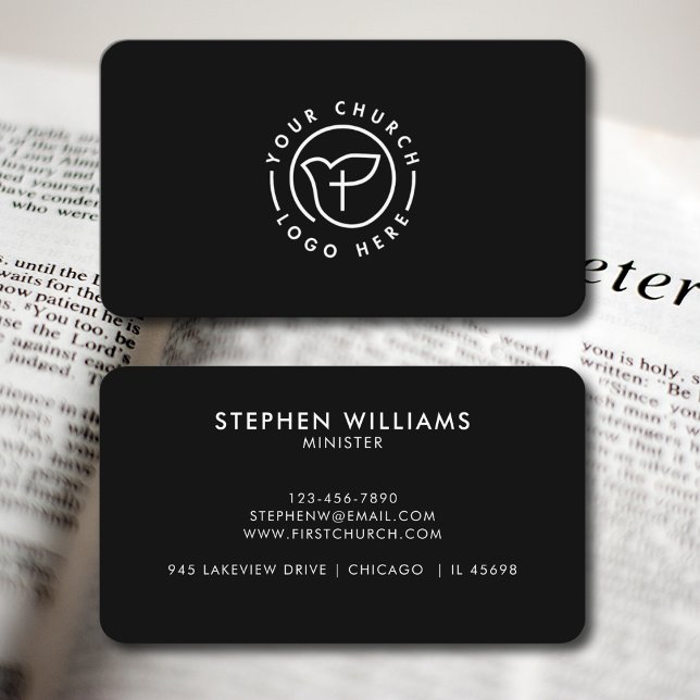 Modern Your Church Logo Minister Black and White Business Card (Creator Uploaded)