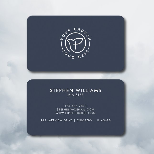 Modern Your Church Logo Minister Minimalist Navy Business Card (Creator Uploaded)