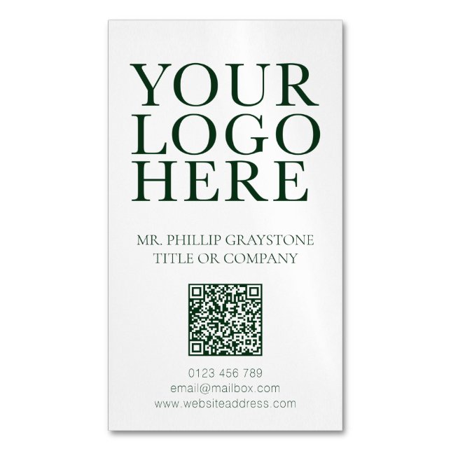 Modern Your Logo Image Green & White QR Code Magnetic Business Card (Front Vertical)