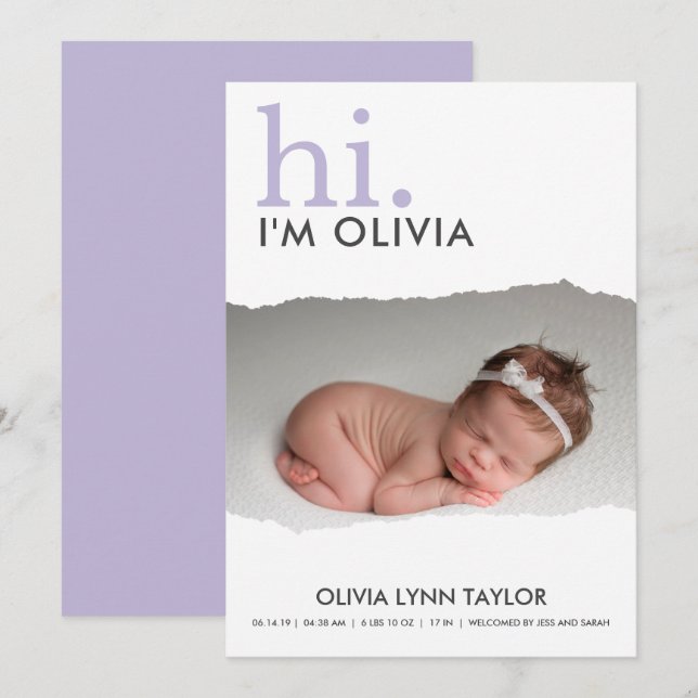 Modern Your Photo Torn Paper Birth Announcement (Front/Back)