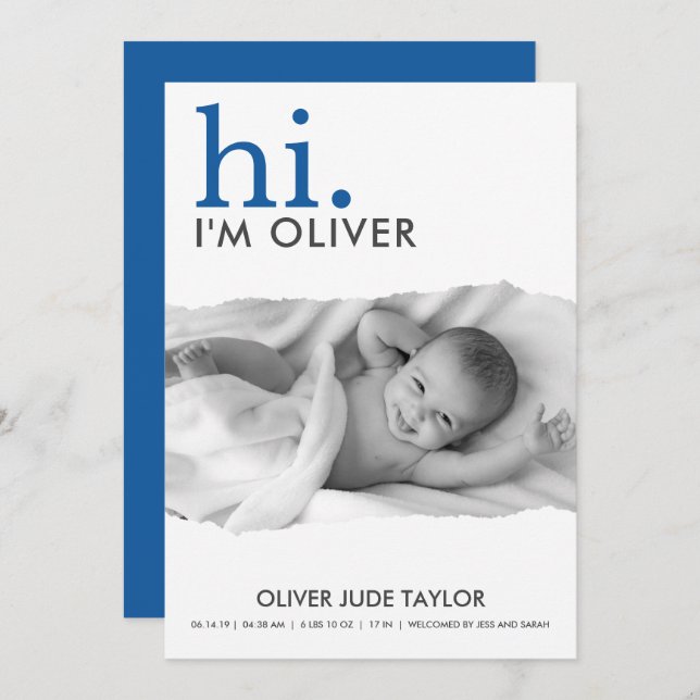 Modern Your Photo Torn Paper Birth Announcement (Front/Back)