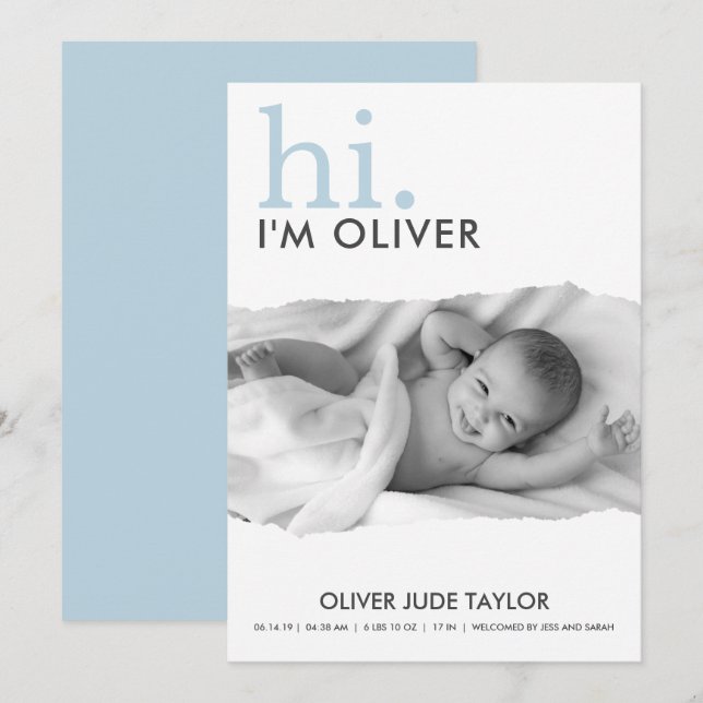 Modern Your Photo Torn Paper Birth Announcement (Front/Back)