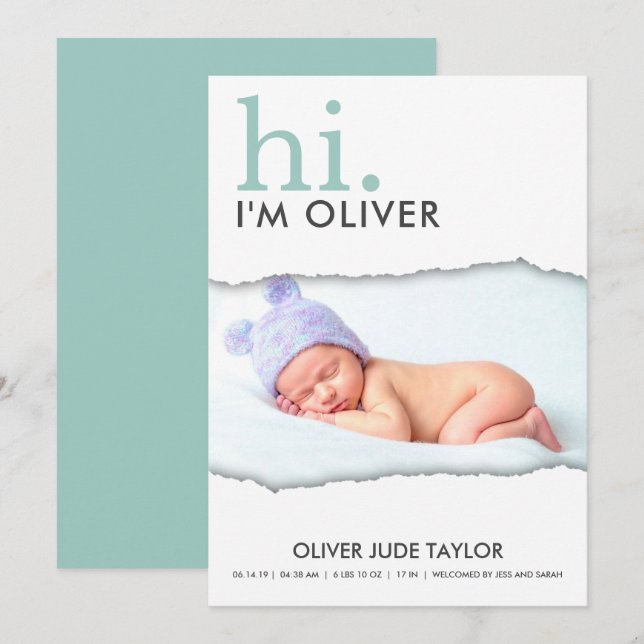 Modern Your Photo Torn Paper Birth Announcement (Front/Back)