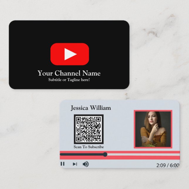 Modern Youtube Vlogger Channel With QR Code Black Business Card (Front/Back)