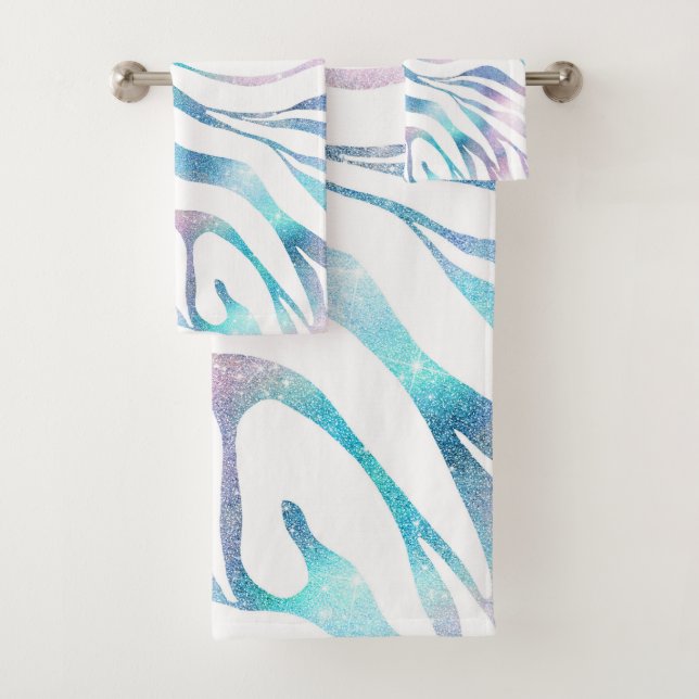 Modern Zebra Print Glam Blue Purple Glitter  Bath Towel Set (Insitu)