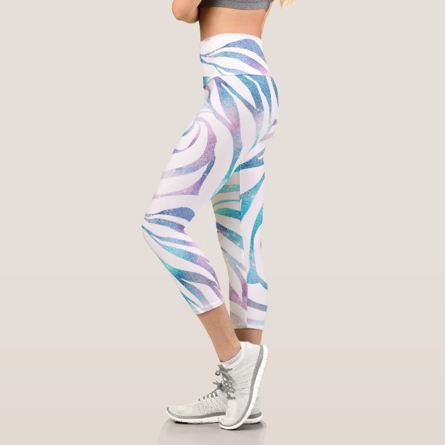 Modern Zebra Print Glam Blue Purple Glitter  Capri Leggings (Left)