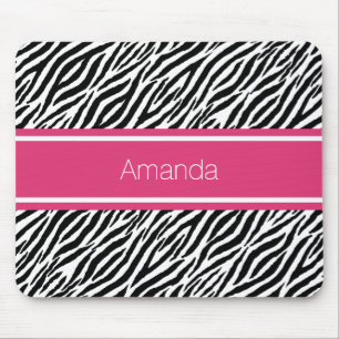 Modern Zebra Print With Pink Stripe and Name Mouse Mat