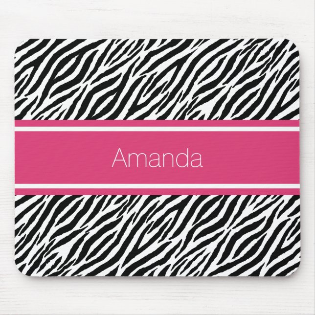 Modern Zebra Print With Pink Stripe and Name Mouse Mat (Front)