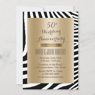 Modern Zebra Stripes Gold 50th Wedding Anniversary Invitation