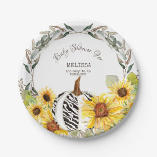 Modern Zebra White Pumpkin Sunflowers Baby Shower Paper Plate