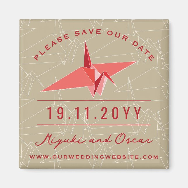 Modern Zen Origami Red Paper Crane Save The Date Magnet (Front)