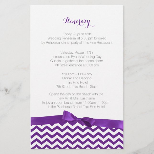 Modern Zig Zag Purple and Grey Itinerary (Front)