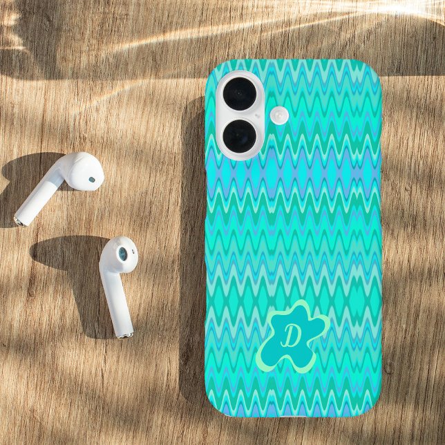 Modern zigzag pattern - turquoise monogram iPhone 16 case (Creator Uploaded)
