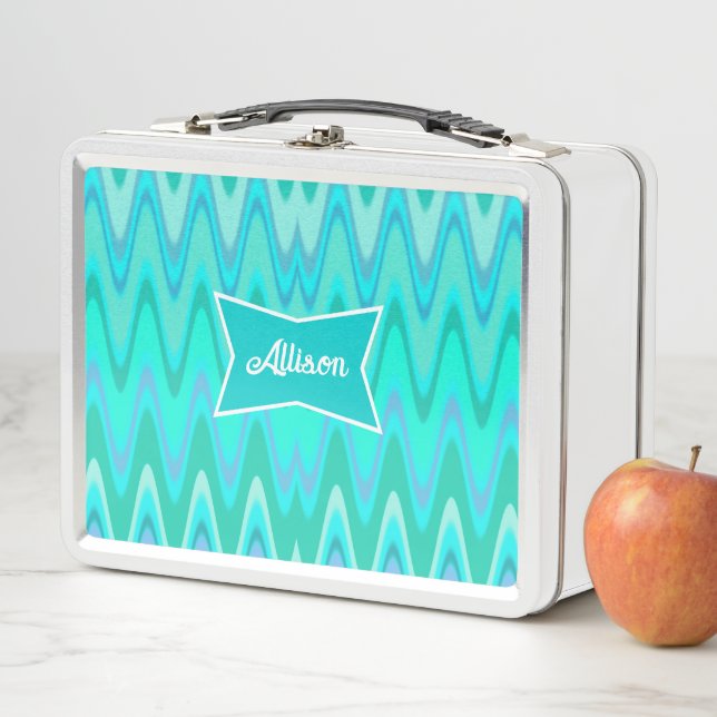 Modern zigzag pattern - waves in turquoise metal lunch box (In Situ)