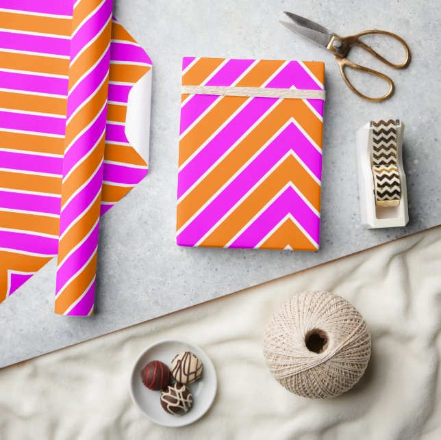 Modern Zigzag Stripe Hot Pink Orange Wrapping Paper (Crafts)
