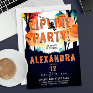 Modern Zipline Orange Forest Woodland Camp Pine Invitation