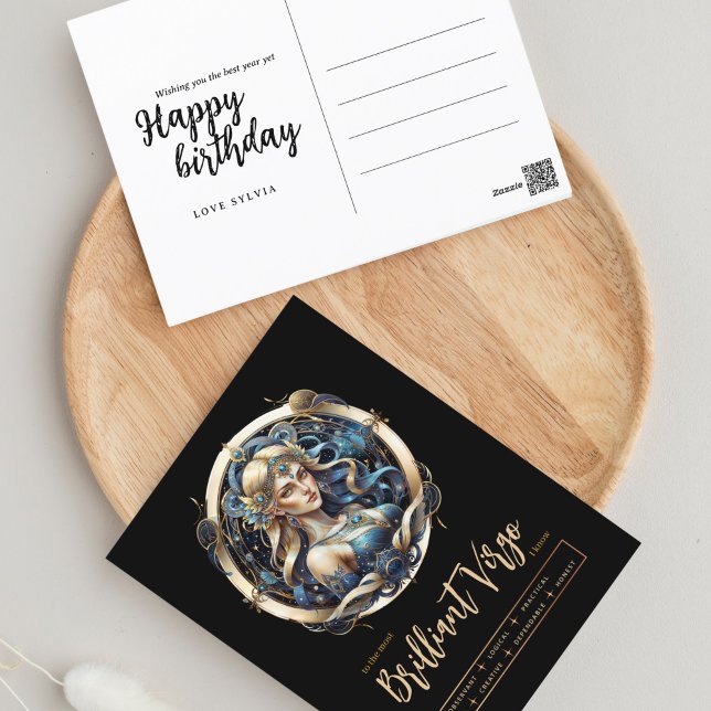 Modern Zodiac Sign Blue Gold Virgin Virgo Birthday Postcard (Creator Uploaded)